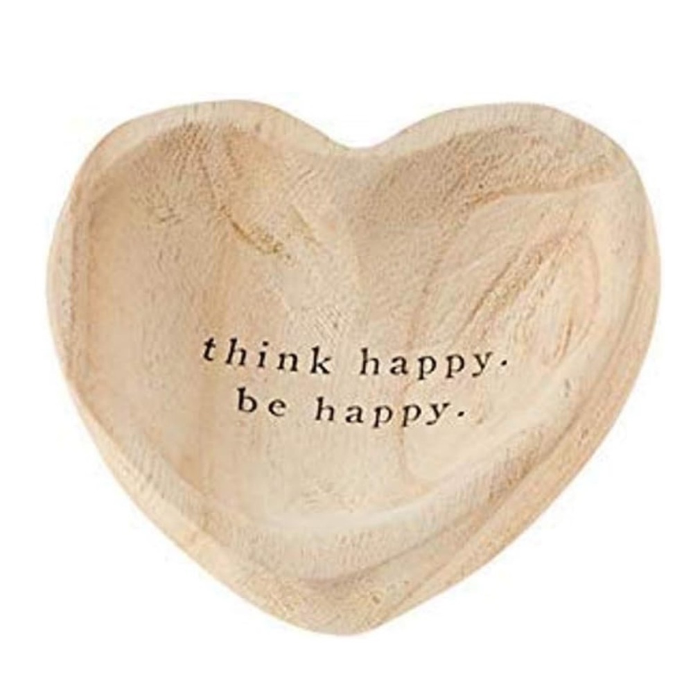 NWT Mud Pie “Think Happy Be Happy” Wooden Heart Shaped Trinket Dish 5 x 5”